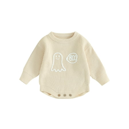 

jaweiwi Infant Baby Fall Knitting Jumpsuit 0 3M 6M 9M 12M 24M Halloween Ghost Jacquard Round Neck Long Sleeve Romper for Boys Girls