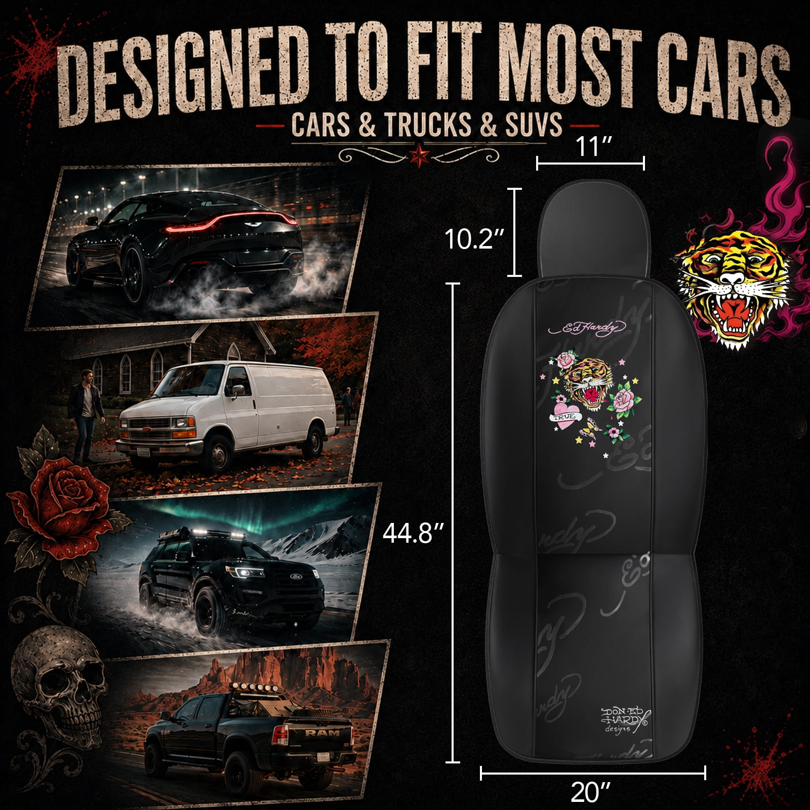 Ed Hardy Car Seat Covers,Pink Heart Floral Tiger Graphic Front Seat Covers, Fashion Seat Cover Set, Stylish Anti-Slip Universal Fit for Cars SUVs Trucks
