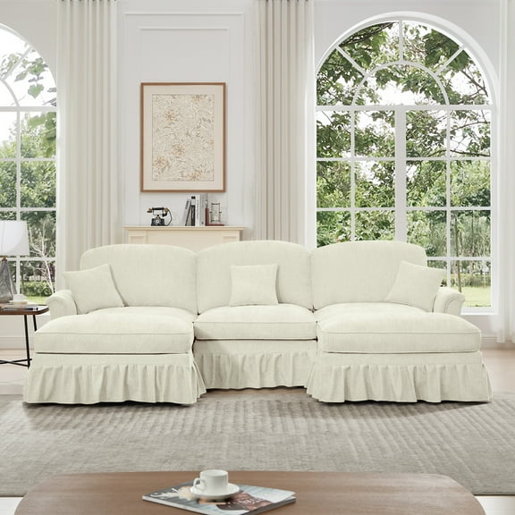 Classic Comfy Beige White Chenille U-Shape Sectional Sofa with Flared Arms & Removable Ruffle Skirts, Deep Seat Cloud Couch for Living Room