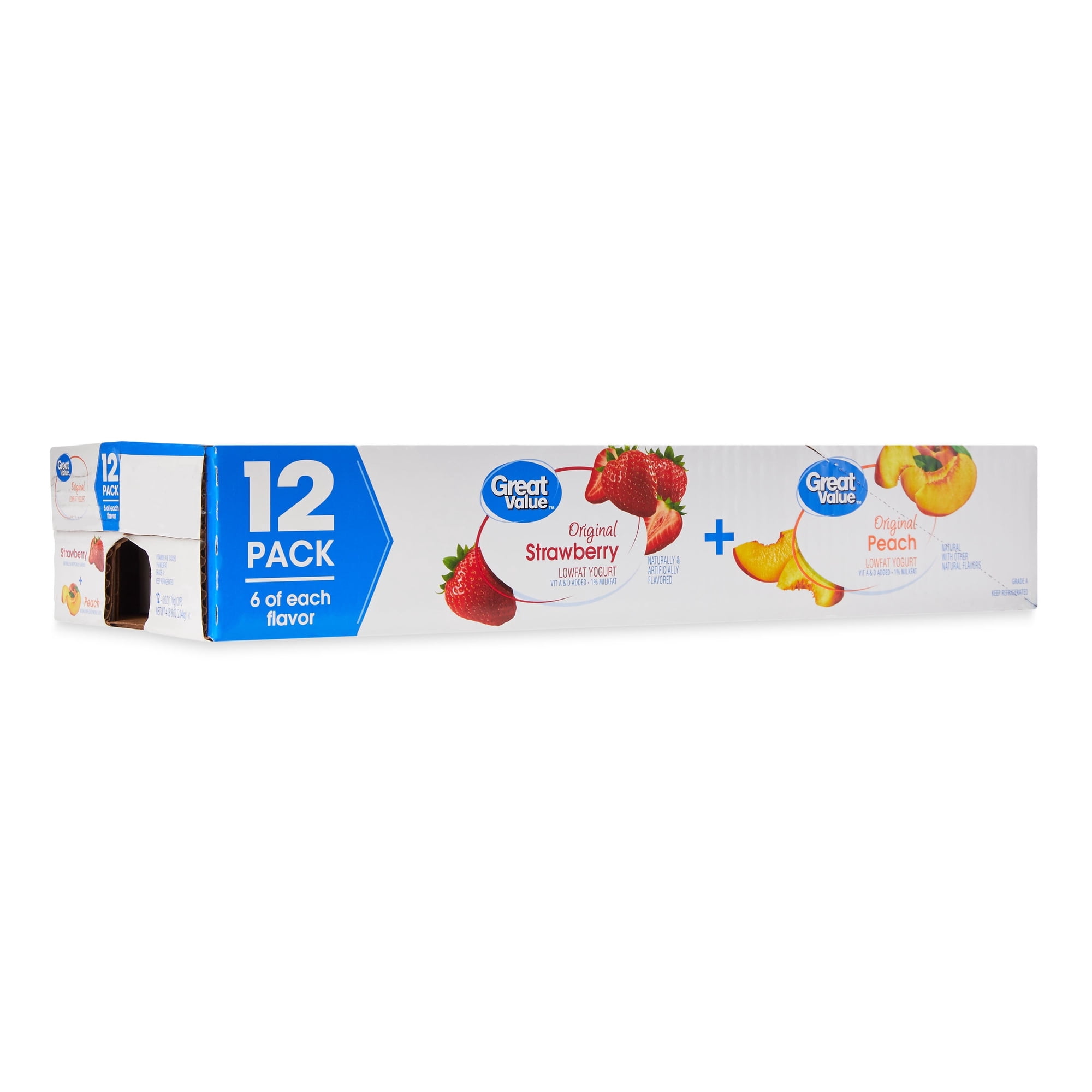 Great Value Original Strawberry and Peach Low-fat Yogurt, 6 oz Cups, 12 Pack