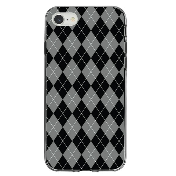 DistinctInk Clear Shockproof Hybrid Case for iPhone 7 8 SE (2020 Model) 4.7" Screen TPU Bumper Acrylic Back Tempered Glass Screen Protector - Black Grey White Argyle