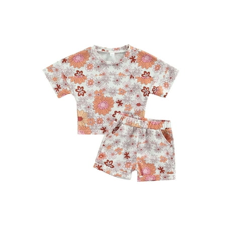 

Canrulo Summer Lovely Baby Girls Clothes 2pcs Sunflowers Printed Short Sleeve T Shirts+Elastic Shorts Sets White 2-3 Years