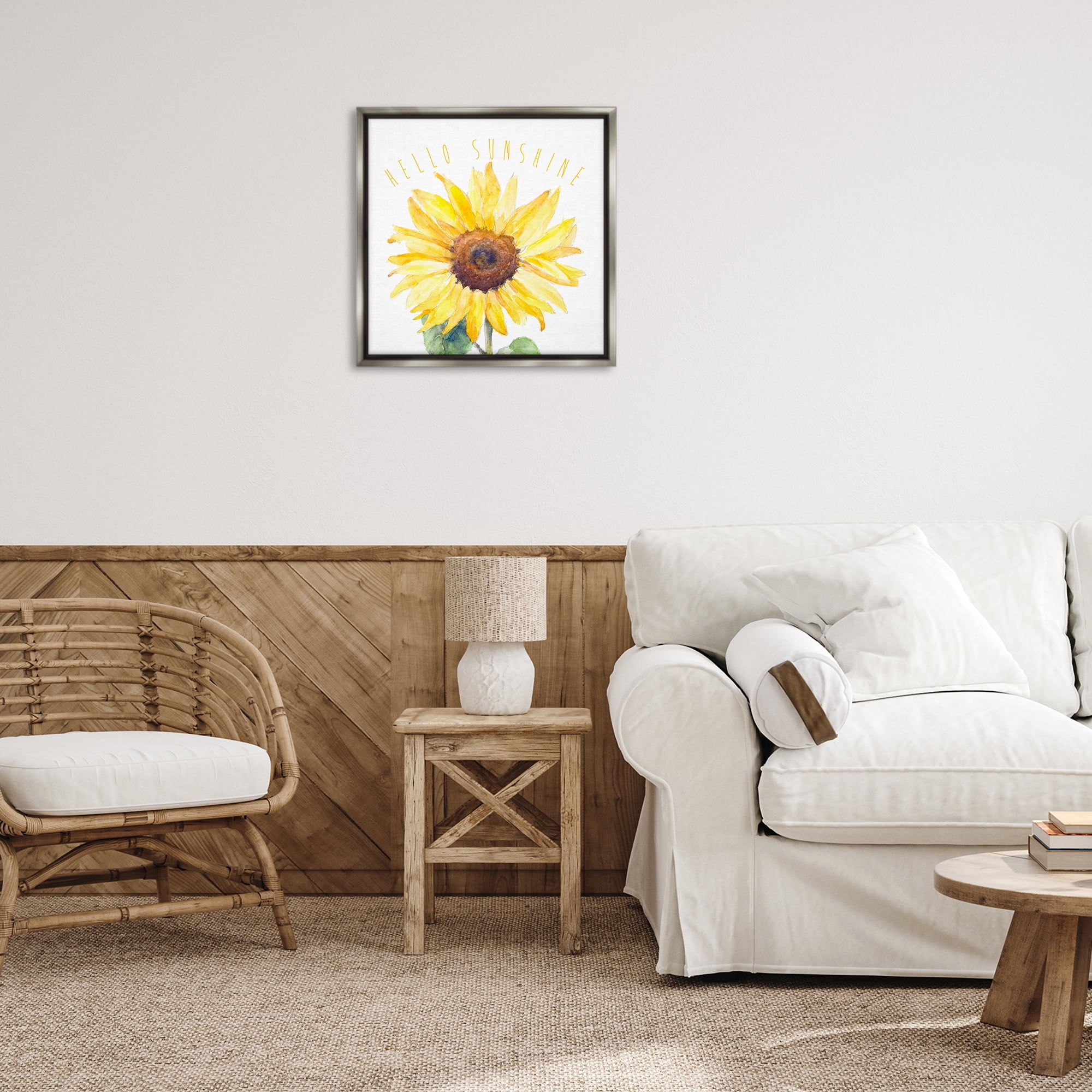Stupell Industries Hello Sunshine Bloom Plants & Flowers Painting Gray Floater Framed Canvas Art Print Wall Art, 25 x 25