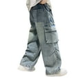 thumbnail image 3 of UACY Boy's Girls Cargo Jeans Baggy Denim Pants Elastic Waist Straight Wide Leg Jeans Streetwear with Pockets ﻿ (Dark Blue, 13-14 Years), 3 of 7
