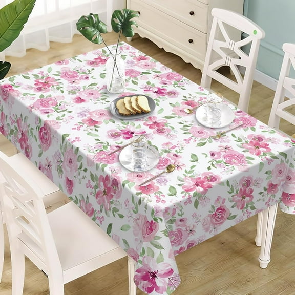 Spring Summer Pink Flower Rectangle Tablecloth 60 x 120 Inches, Rose Peony Floral Decorative Dining Table Cloth, Seasonal Dinner Table Cover Picnic Party Decoration