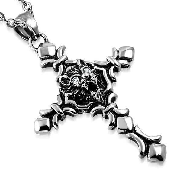 Stainless Steel Silver-Tone Lion Multicolor CZ Men's Pendant Necklace, 21.5"