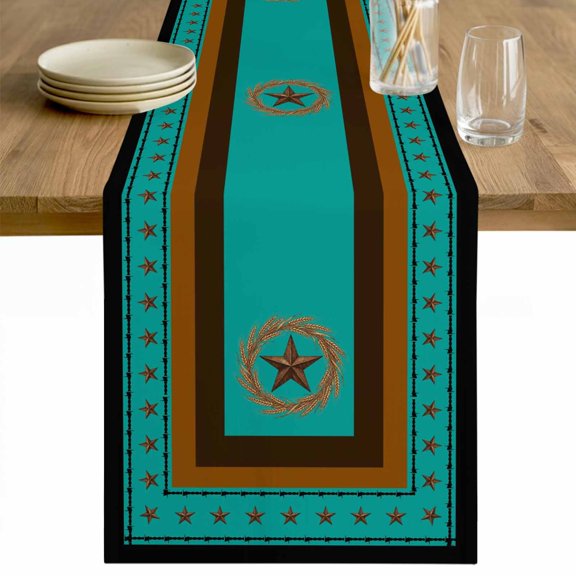 Green Western Table Runner - 60 Inch Long Vintage Texas Stars Country Wheats Cotton and Linen Blended Dress Scarves Farmhouse Table Runner for Kitchen Dining, Coffee Table, 13" x 60"