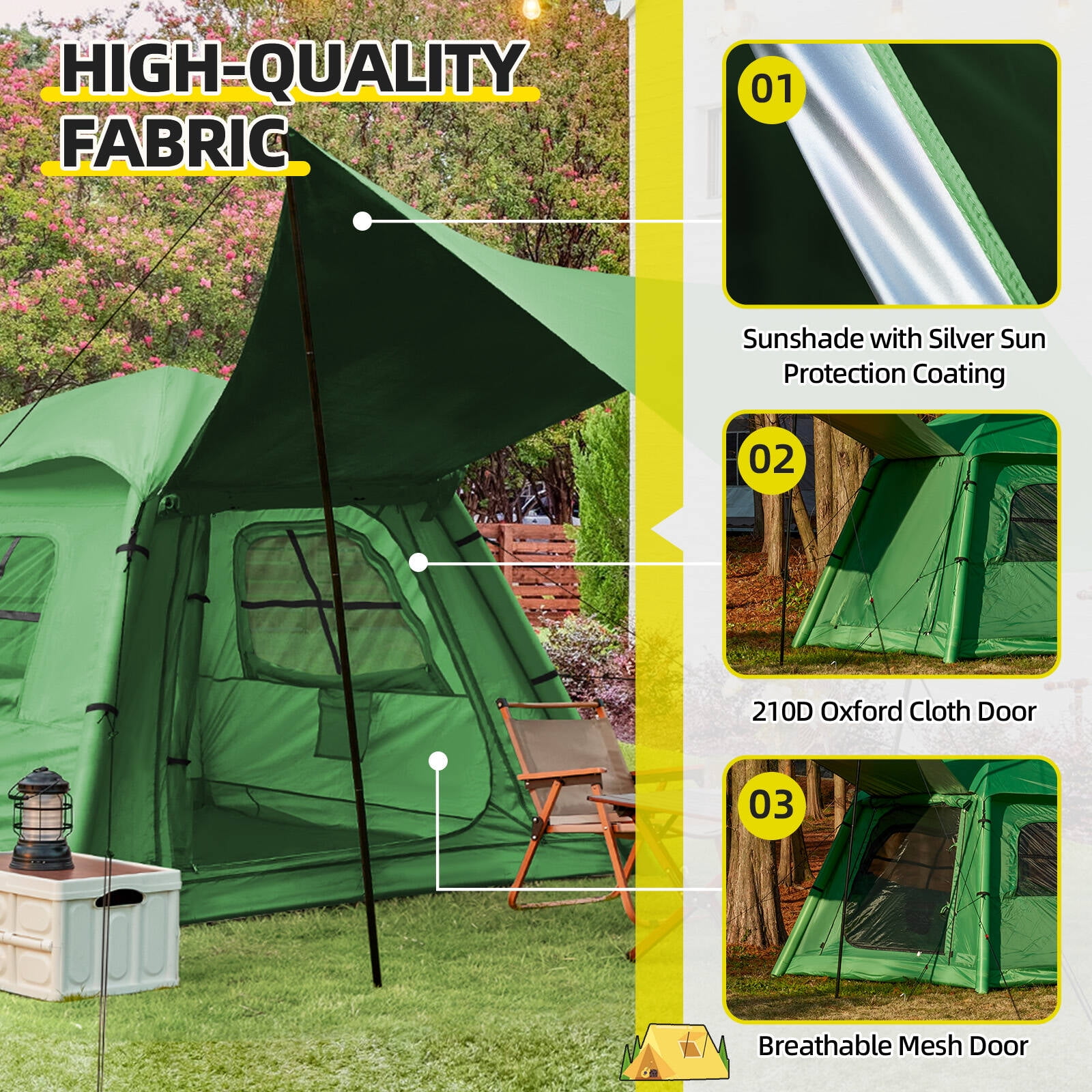 EROMMY Inflatable Camping Tent with Extended Canopy, Easy Set-up 4 Season Air Tents with Inflator for 2-4 Persons，Green