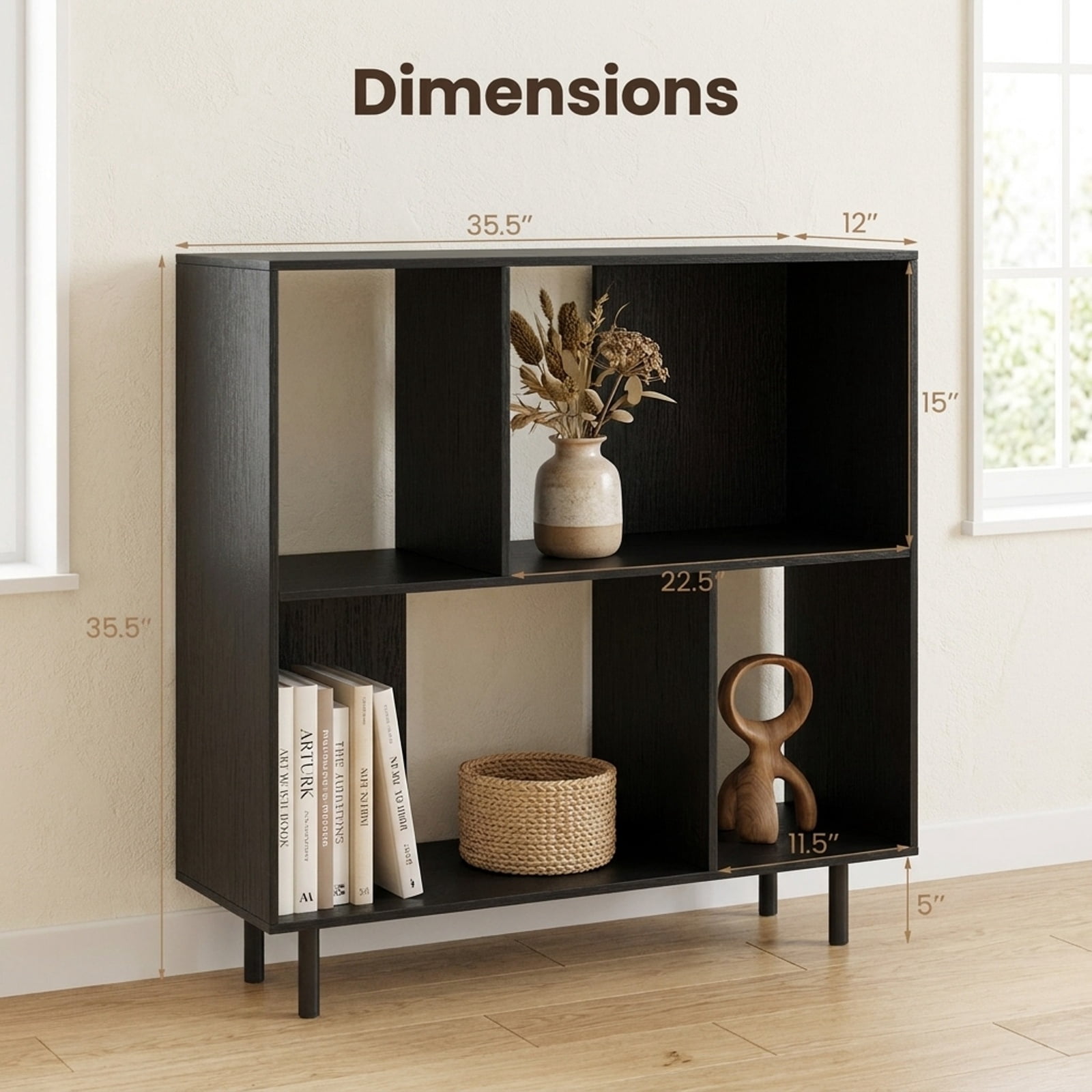 Furnibear Open Shelf Bookcase with 4 Compartments for Living Room Home Office Bedroom Display Storage Shelf, Black