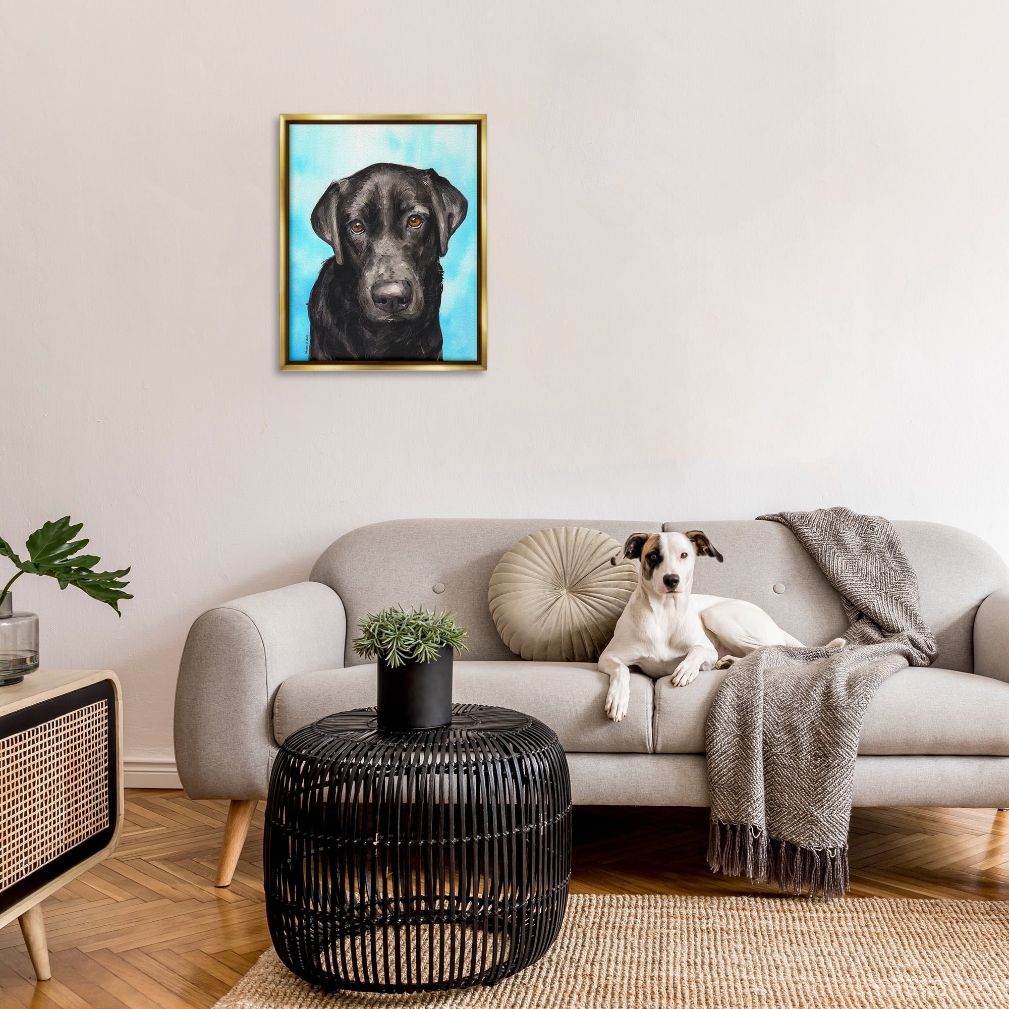 Stupell Industries Black Lab Portrait on Blue Animals & Insects Painting Gold Floater Framed Canvas Art Print Wall Art, 25 x 31