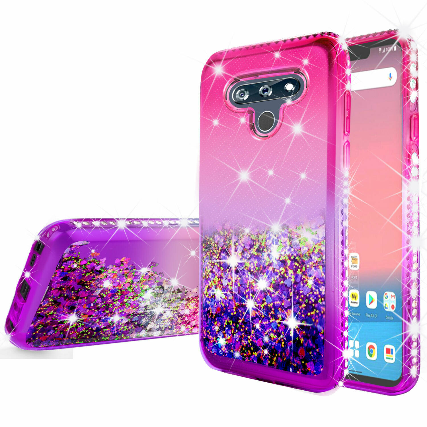 LG LG Harmony 4, Premier Pro Plus L455DL Case w[Temper Glass] Cute Liquid Glitter Bling Diamond Bumper Girls Women Phone Case for LG LG Harmony 4, Premier Pro Plus L455DL - Pink/Purple - image 2 of 5