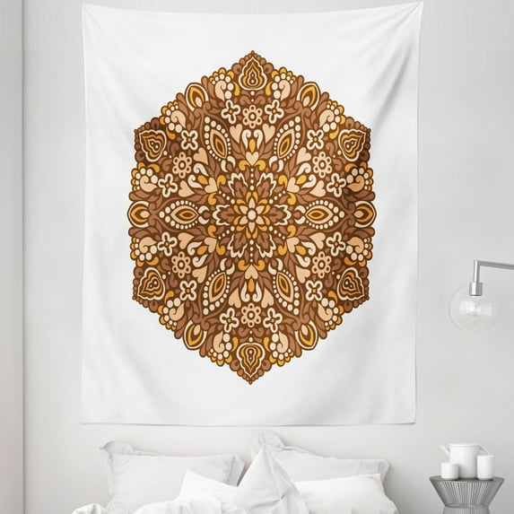 Tan and Brown Tapestry, Vintage Ornate Floral Mandala Round Motif from Culture, Fabric Wall Hanging Decor for Bedroom Living Room Dorm, 5 Sizes, Tan Brown Orange, by Ambesonne