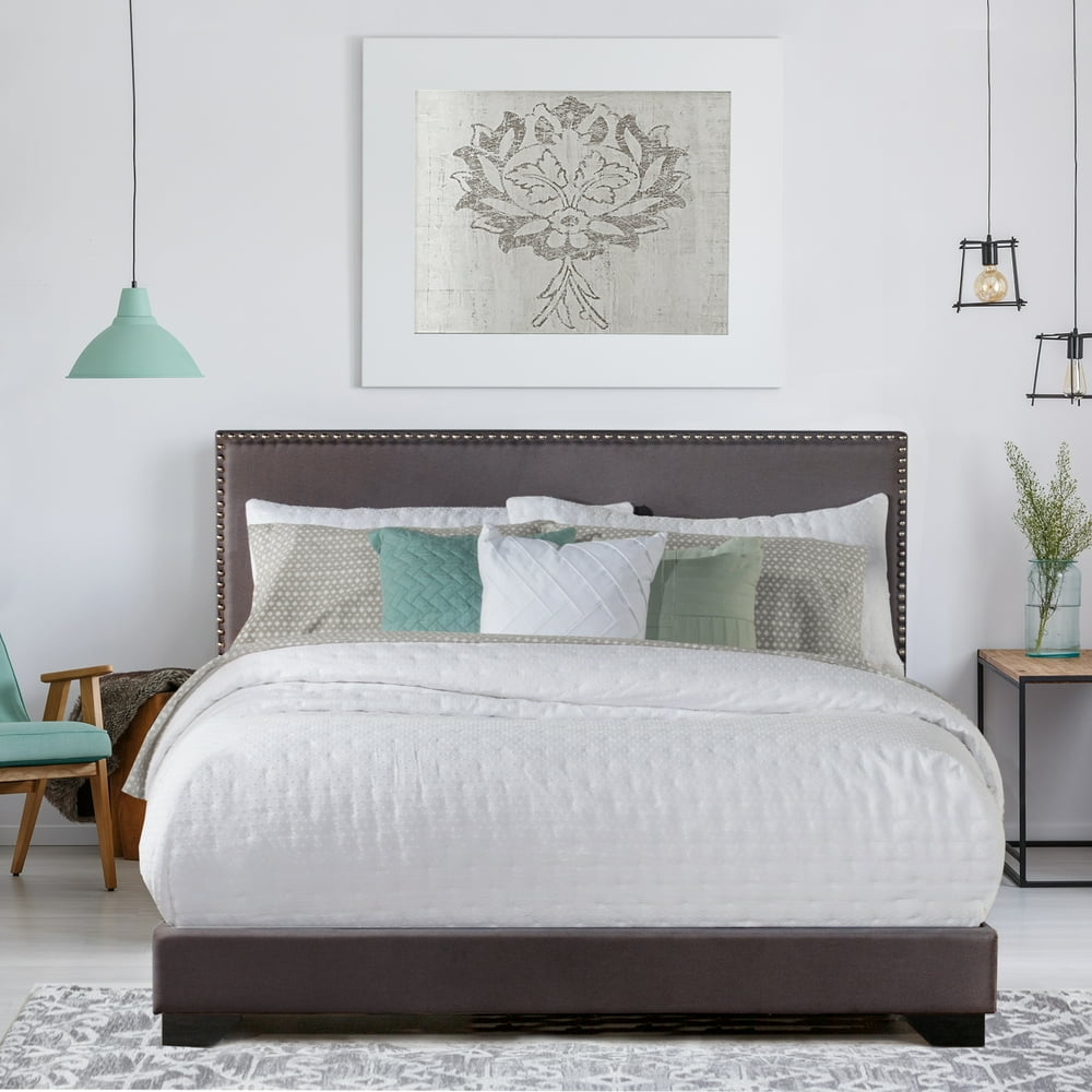 Willow Nailhead Trim Upholstered Queen Bed, Charcoal, by Hillsdale
