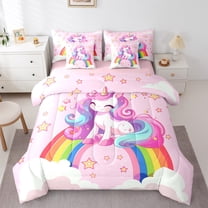 Homewish Girly Pink Unicorn Twin Bedding Sets 7-Piece for Kids, Kawaii Stars Rainbow Cloud Bedding Comforter Set, Cartoon Animal Reversible Sheet Sets, Lightweight Room Decor