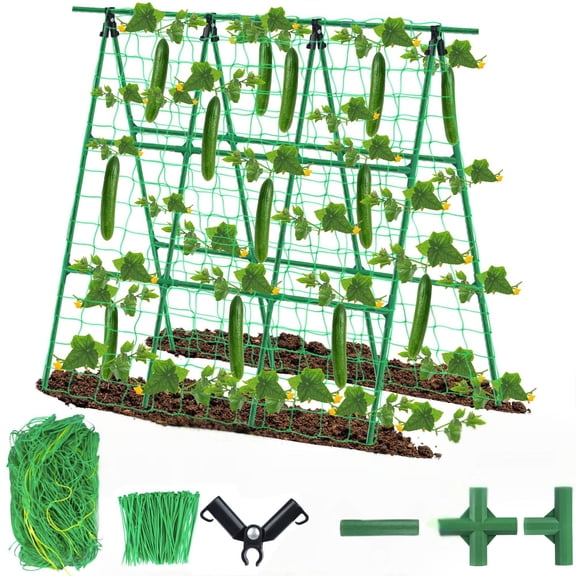 Cucumber Trellis 48 inch A-Frame Garden Trellis for Climbing Plants Outdoor Support for Vegetable Vine Tomato Cucumber Trellis Raised Bed, with Netting, Green
