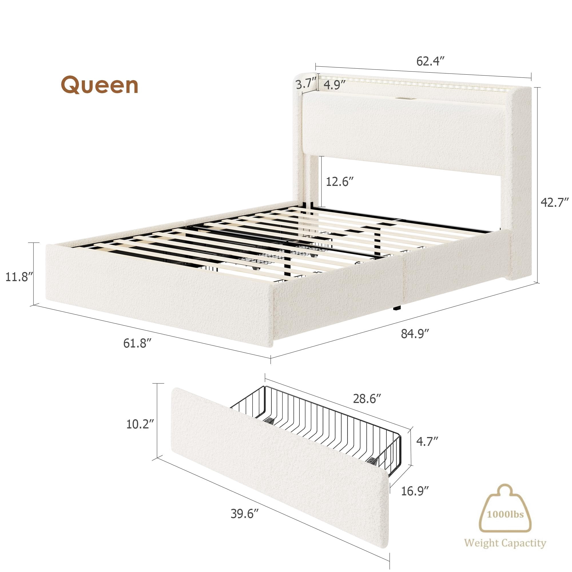Queen Size Upholstered Platform Bed Frame with LED Lights, Includes 4 Storage Drawers & Headboard with Charging Station, Solid Wood Slat Support, No Box Spring Needed, in Cream