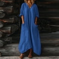 thumbnail image 2 of Women Kaftan Dresses Baggy Cotton Linen Maxi Dress V Neck 3/4 Sleeve Asymmetrical Hem Casual Long Dress with Pocket, 2 of 7