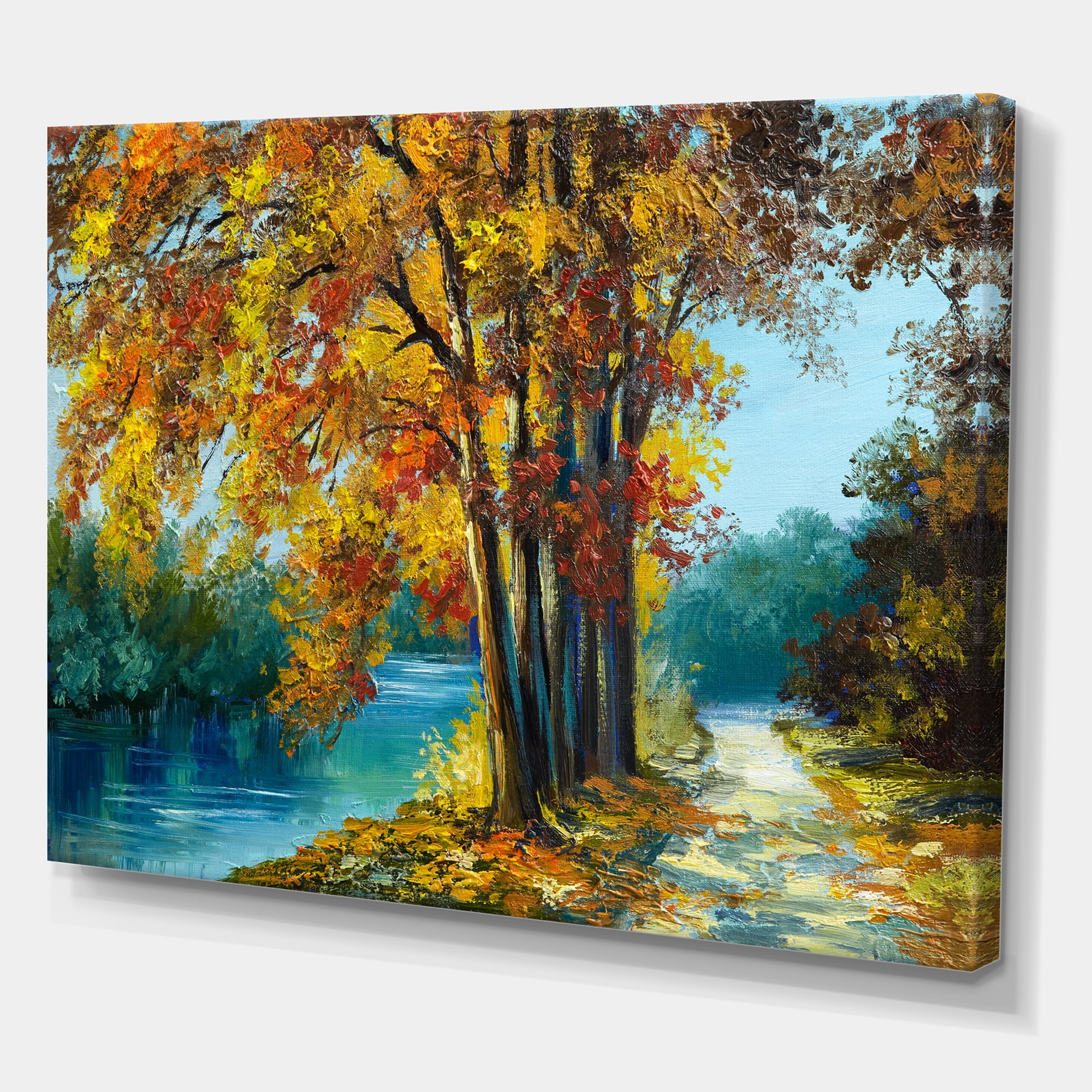 Designart ' Abstract Trees In Warm Autumn Colors By Bright Blue River ' Traditional Canvas Wall Art Print