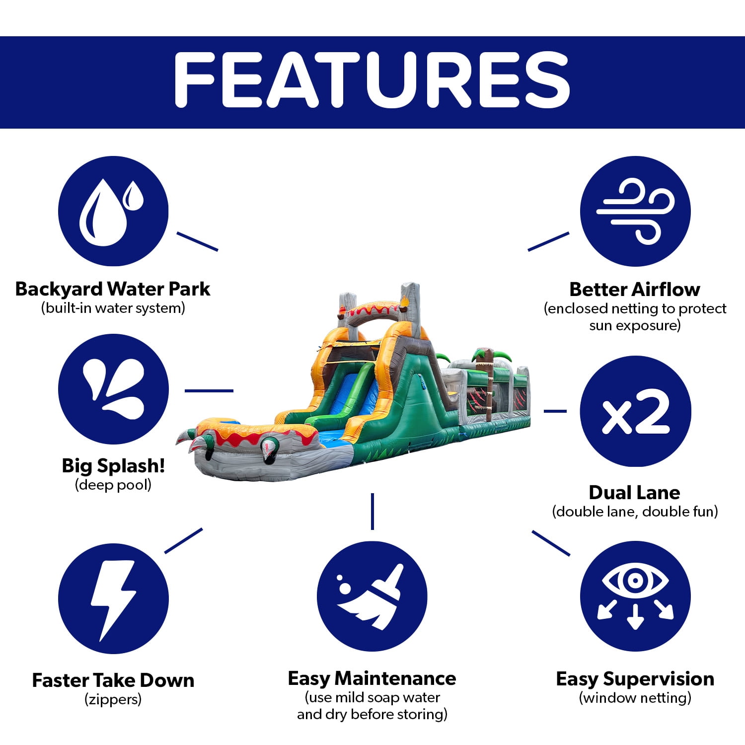 HeroKiddo T-Rex Dinosaur 42’ Inflatable Obstacle Course with Water Slide
