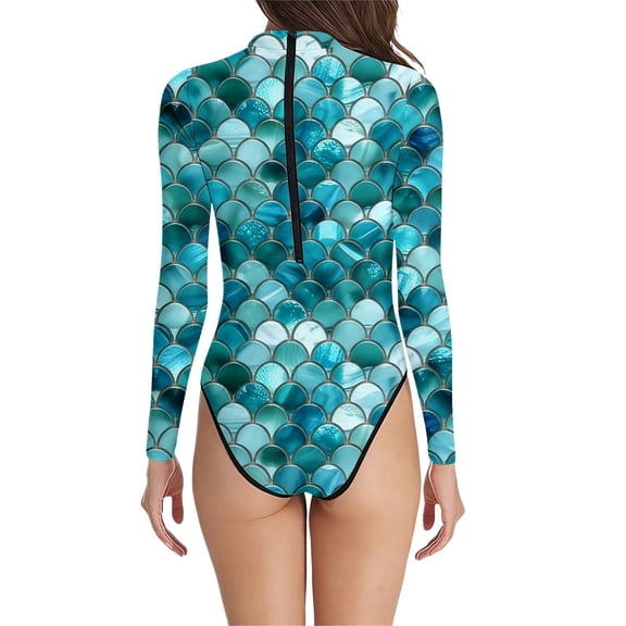 Womens Bathing Suits Scale Print Long Sleeve Swimsuit High Neck Rash Guard Sun Protection Performance Athletic Swimwear for Pool