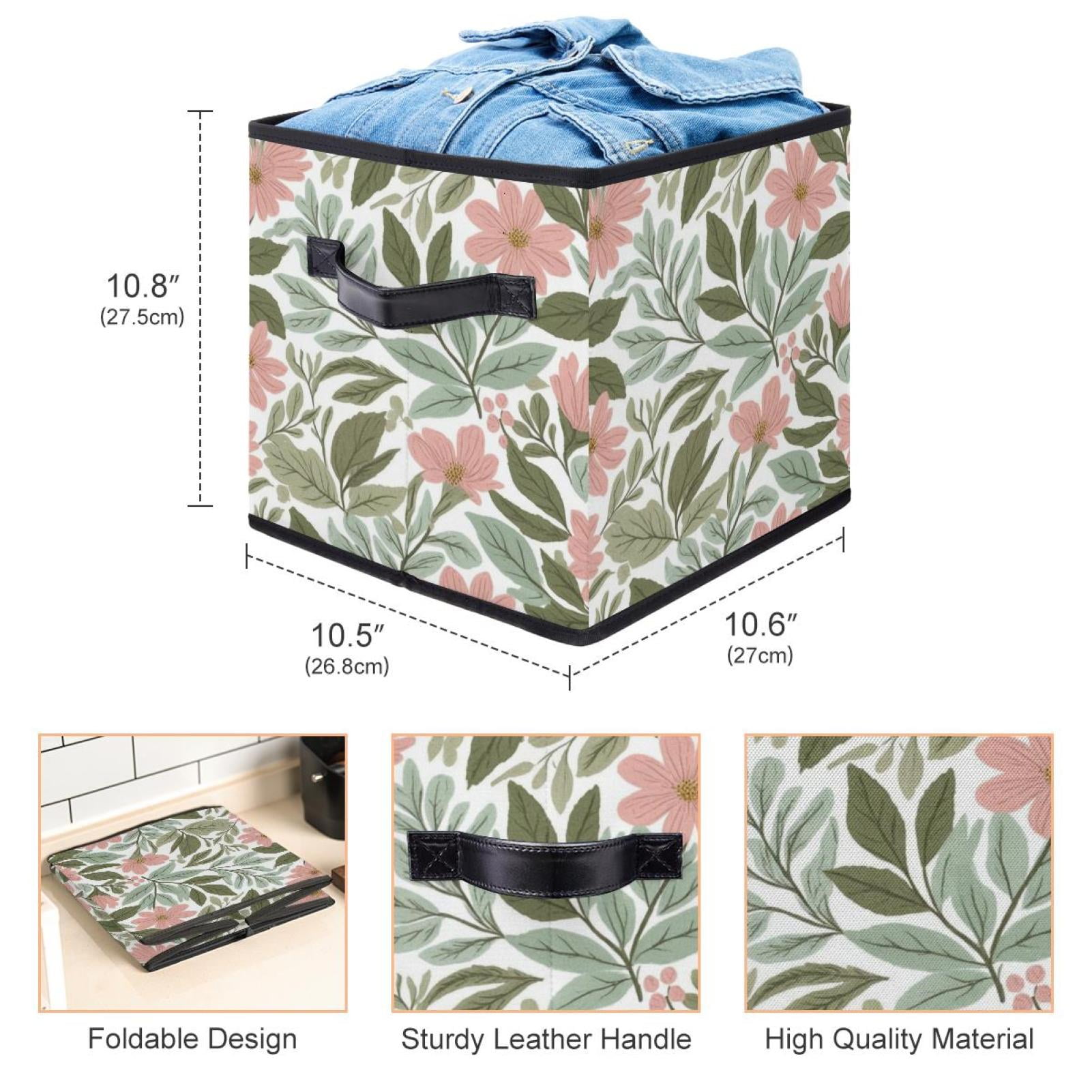RATGDN Collapsible Fabric Cube Storage Bin with Double Handles for Living Room Bedroom Office Black - Plush Leaves Fresh Flowers