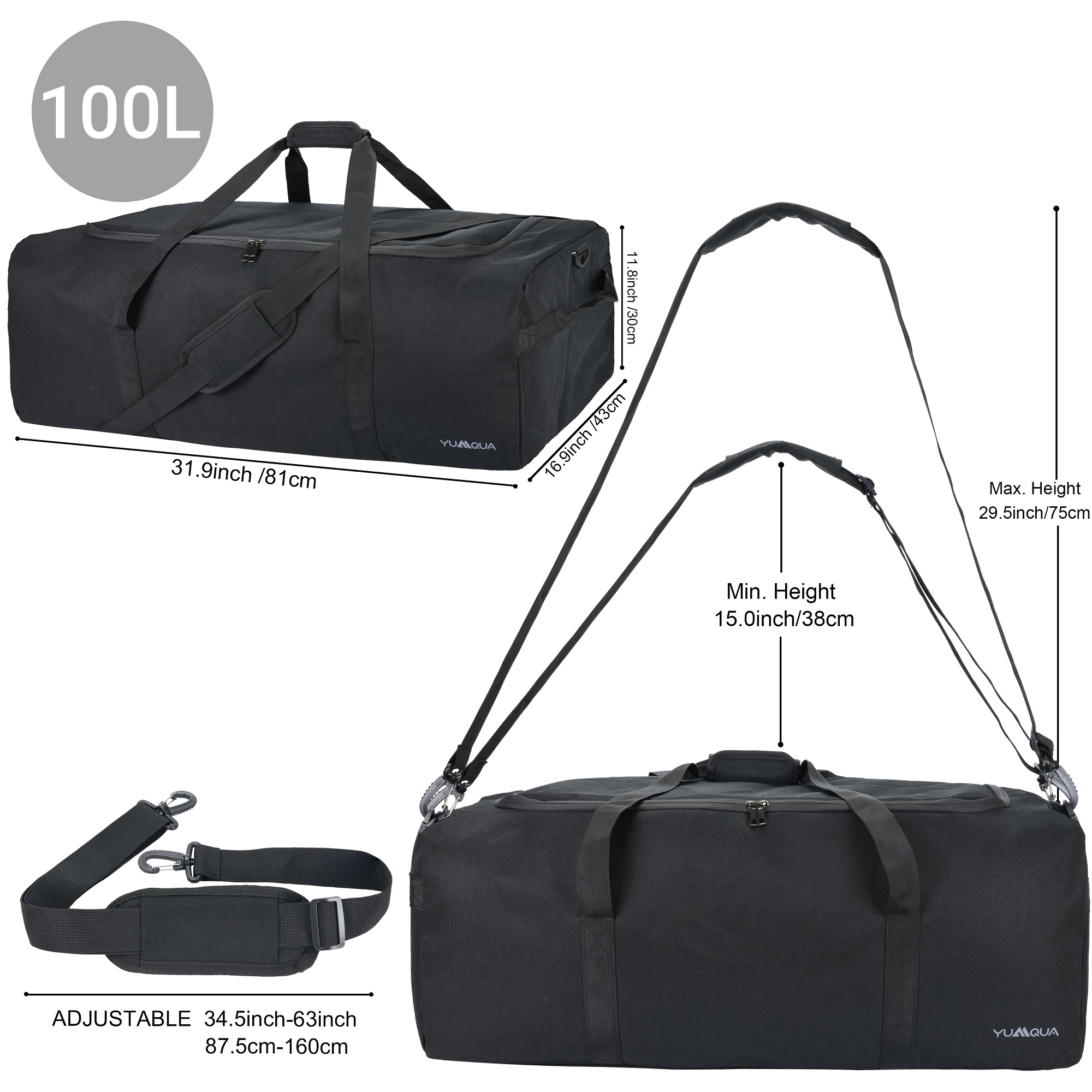 YUMQUA 100L Travel Duffle Bag with Shoulder Strap, Large Camping Gear Storage Weekender Bag Overnight, Gym Bag for Men Women Water & Tear Resistant (Black)