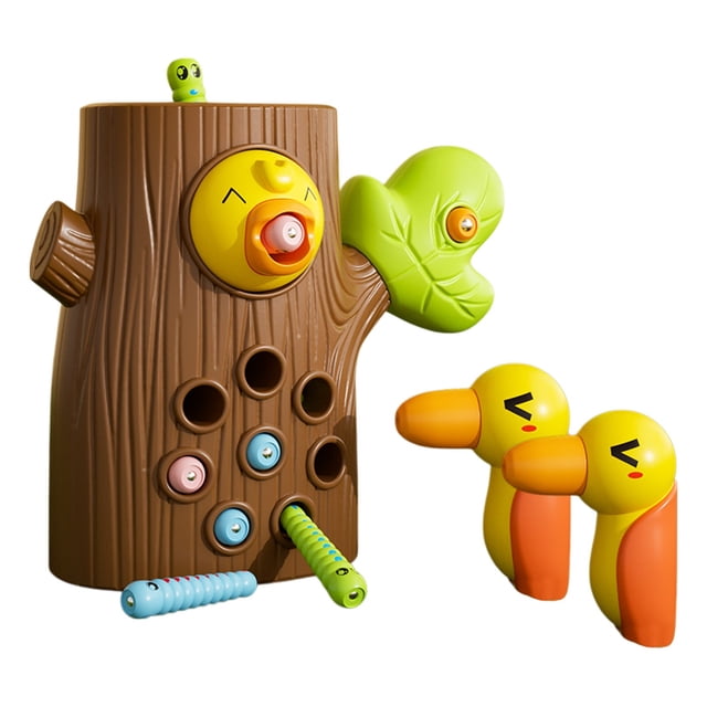 Brown Woodpecker Tree Stump Insect Catching Toy For Toddlers Fine Motor Skills Strong Magnet Sensory Development With Two Woodpeckers Educational Game