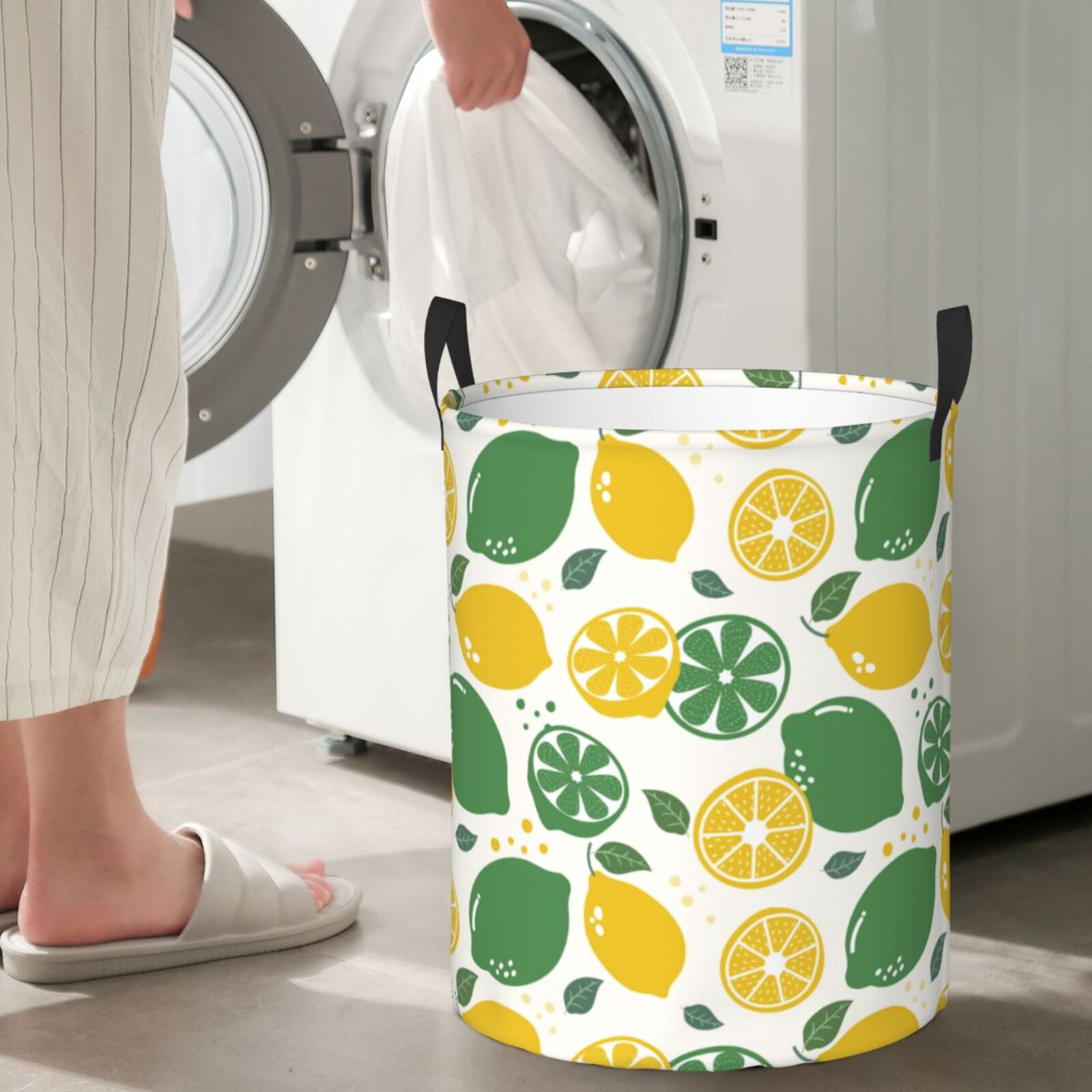 Large Laundry Basket with Handles - Cute Limes Yellow Green Leaves Kids Baby Dirty Clothes Laundry Hamper for Bedroom Aesthetic