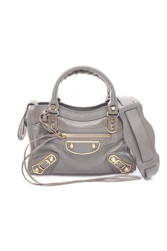 Pre-Owned Balenciaga Classic Metallic Edge Mini City 2-Way Handbag, Leather, Women's, Gray...