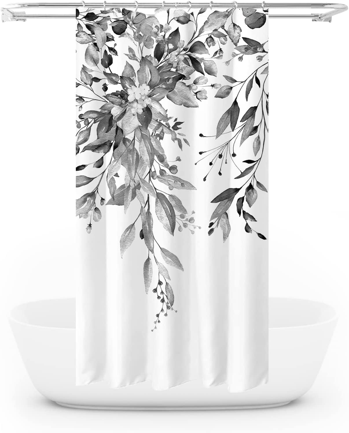 Black Eucalyptus Shower Curtain Sets, Watercolor Grey Leaves on The Top Plant with Floral Bathroom Decoration 36x72 Inch with Hooks
