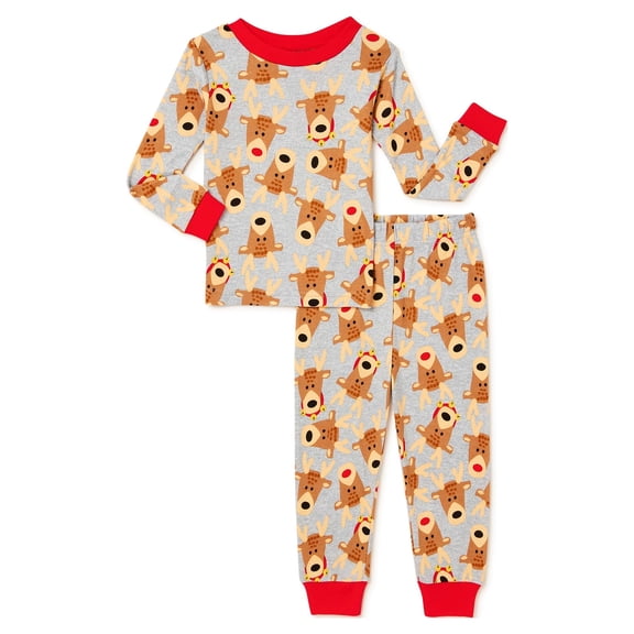 PJ & Me Baby & Toddler Unisex Long Sleeve Christmas Reindeer Top and Pants, 2-Piece Cotton Pajama Set, Sizes 12M-5T
