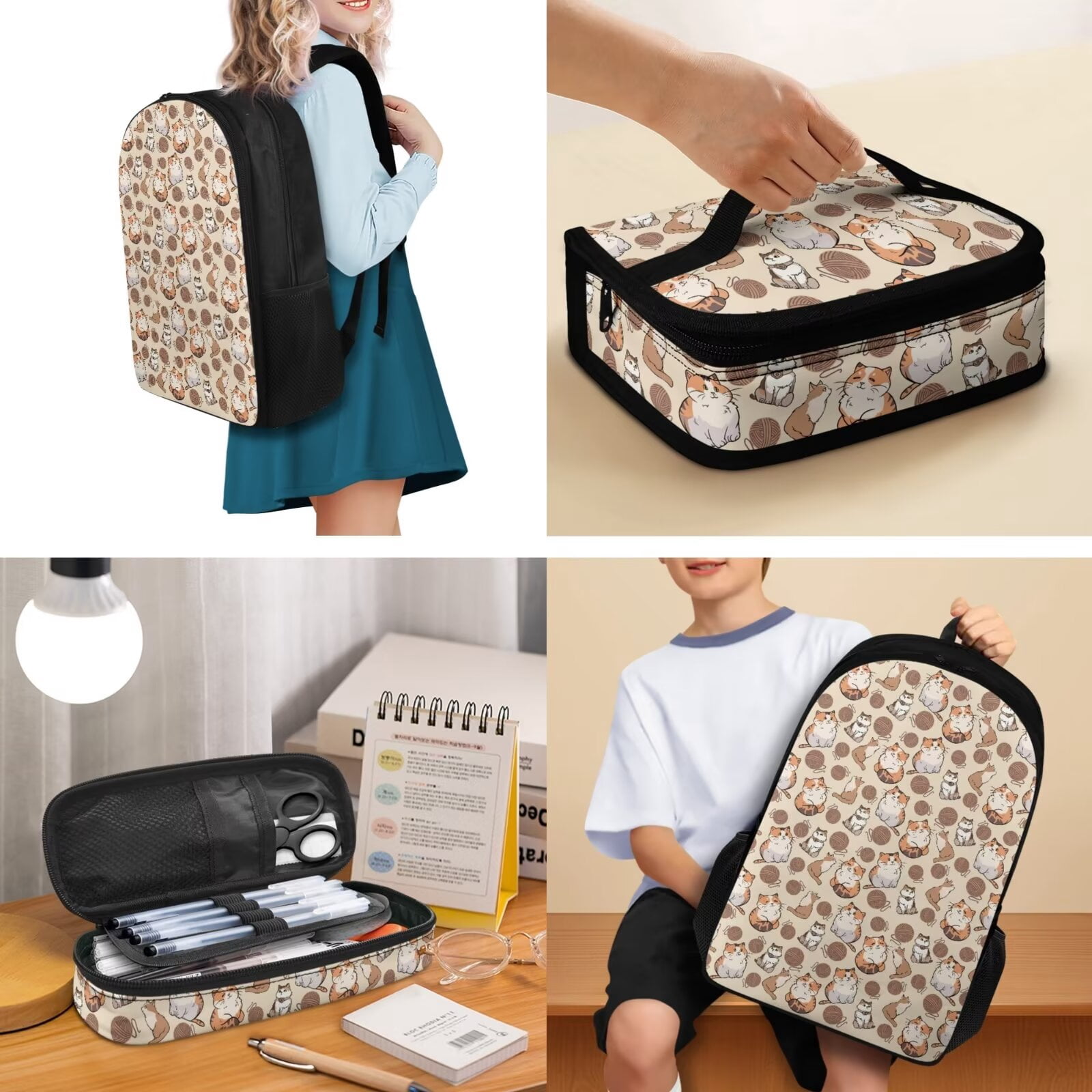 KUIFORTI Cat Pencil Case Casual Shoulder Backpack Lunch Pouch Zipper Closure 3 Pack Crossbody Bag Set