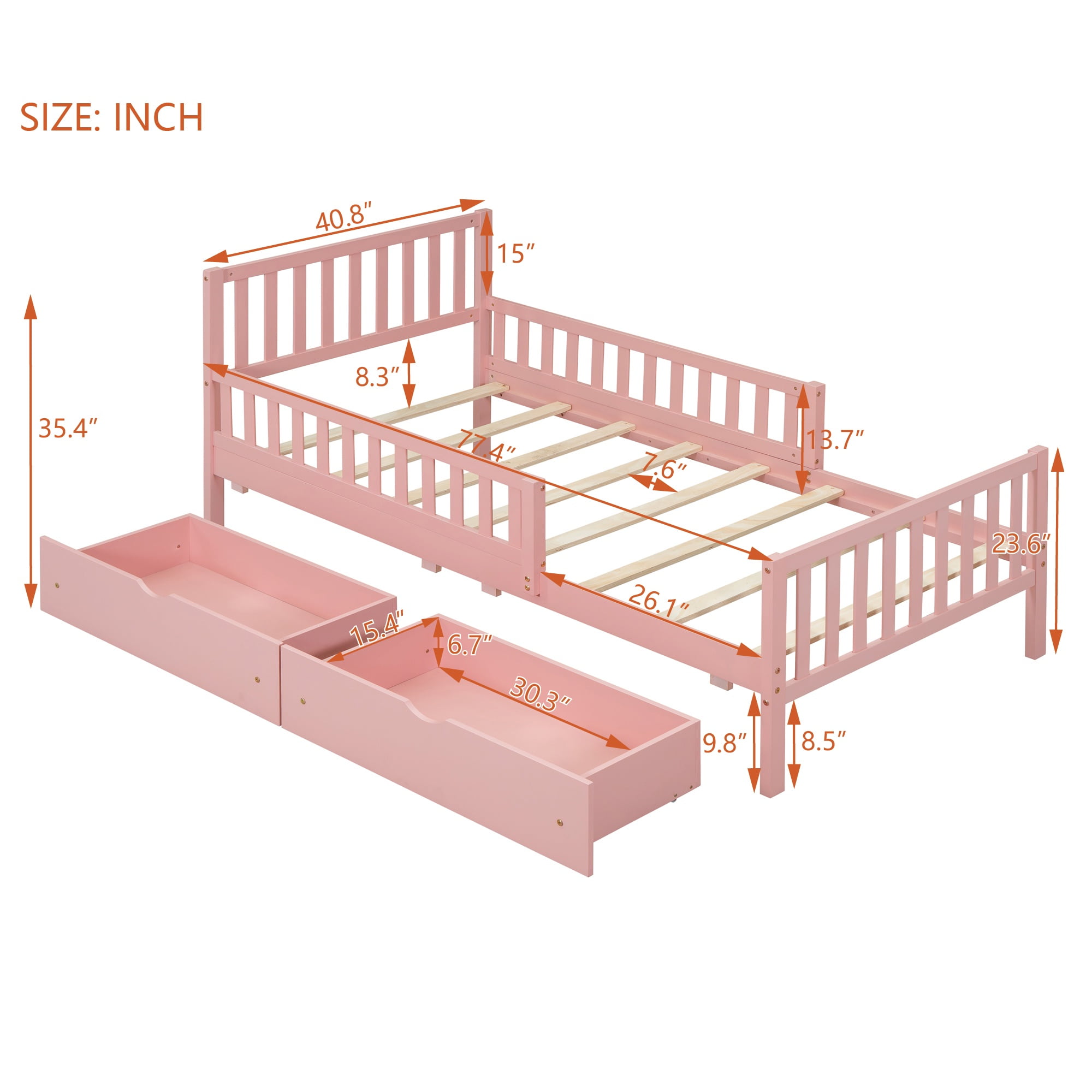 Bellemave Twin Bed with Storage Drawers and Fence Rails, Wood Platform Beds Frame with Headboard, Twin Size Storage Bed for Kids Boys Girls Teens（Pink)