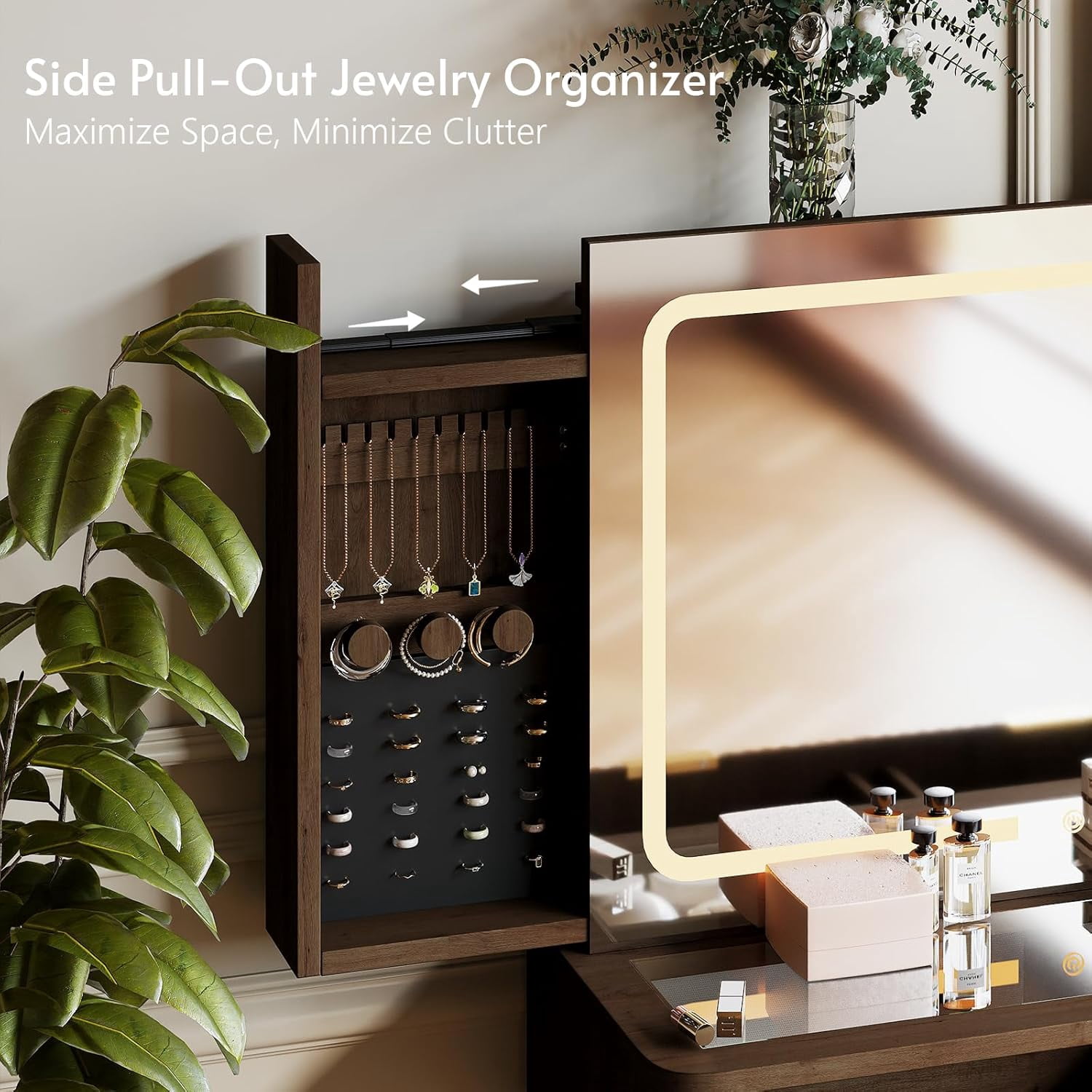 LAZZO 48" Wood Vanity with Glass Top, 3-Color Lights Mirror, Sliding Jewelry Organizer & Charging Station, Brown