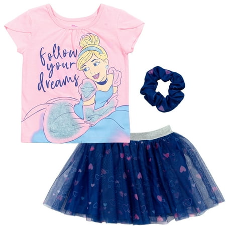 

Disney Princess Cinderella Toddler Girls T-Shirt Mesh Skirt Tulle and Scrunchie 3 Piece Outfit Set 2T