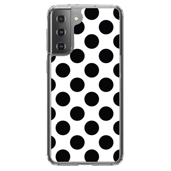 DistinctInk Clear Shockproof Hybrid Case for Galaxy S21 5G (6.2" Screen) - TPU Bumper, Acrylic Back, Tempered Glass Screen Protector - Black & White Polka Dots