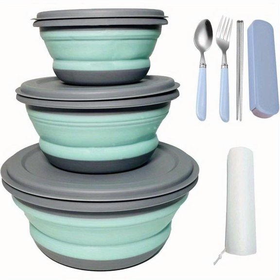Foldable Silicone Camping Bowls with Lids Expandable Lunch Box Salad Bowl for Travel, Office, Outdoors Durable, Chopsticks, Spoons, Forks, Leak-proof Food Storage Bento Containers
