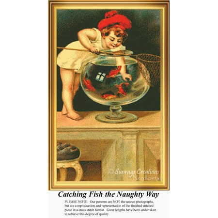 Catching Fish the Naughty Way, Vintage Counted Cross Stitch Pattern (Pattern Only, You Provide the Floss and Fabric)