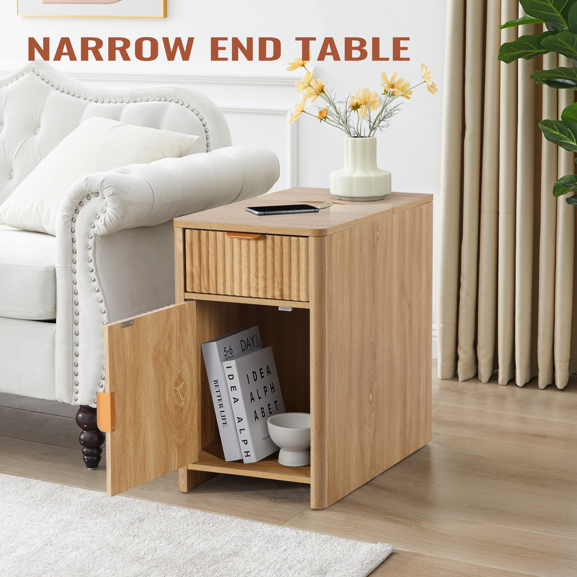 YOCWO Fluted Narrow Nightstand with Charging Station for Bedroom, Wood End Table with Drawer and Door for Living Room, Beige