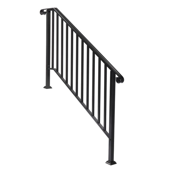 Heavy-Duty Iron Stair Handrail with Curved Design, Powder Coated Black