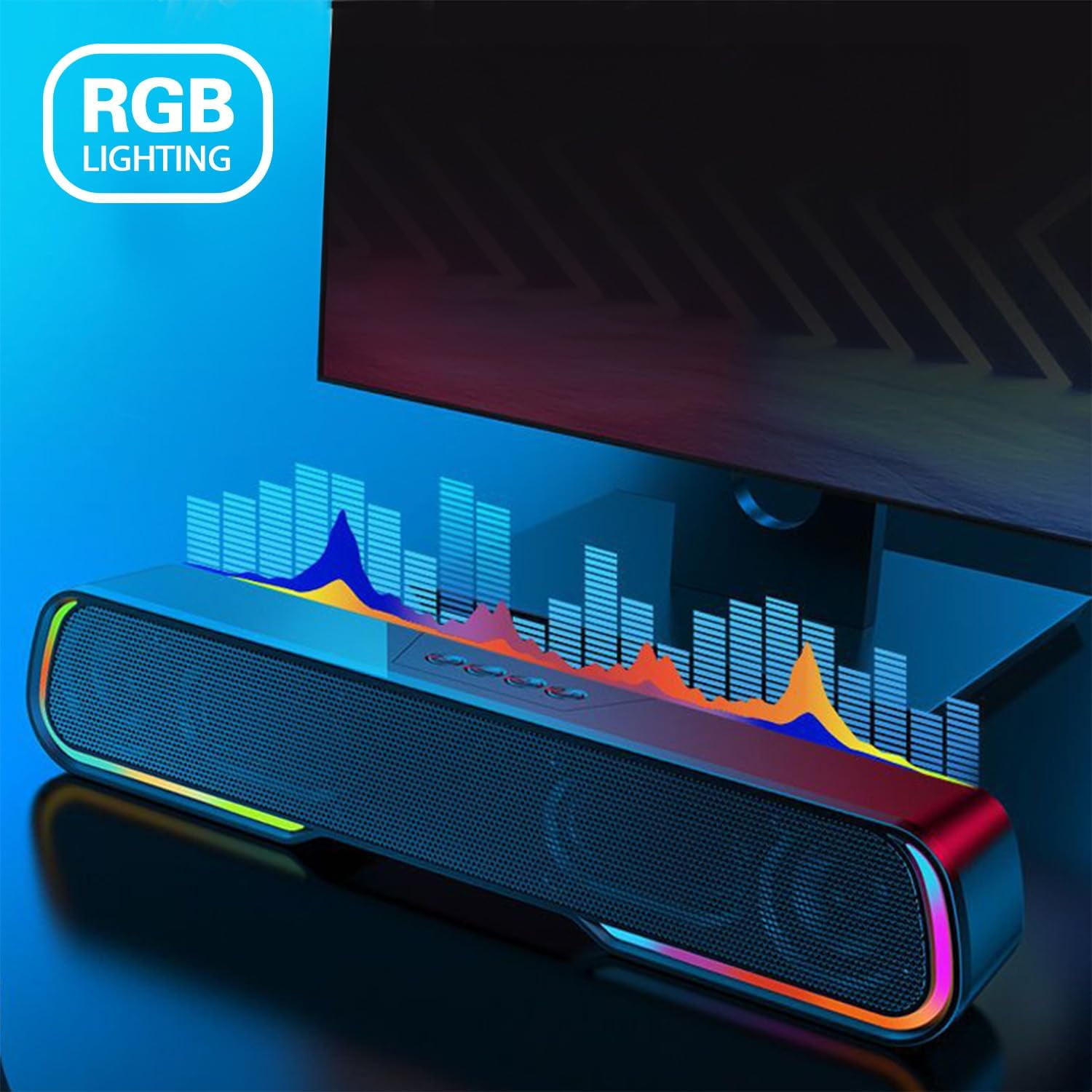 Computer Speakers, HiFi Stereo Desktop Soundbar, Dynamic RGB PC Gaming Speaker, Bluetooth 5.0 & 3.5mm Aux Wired Compact Sound Bar for Desktop, Projectors, Tablet, Phones, Black