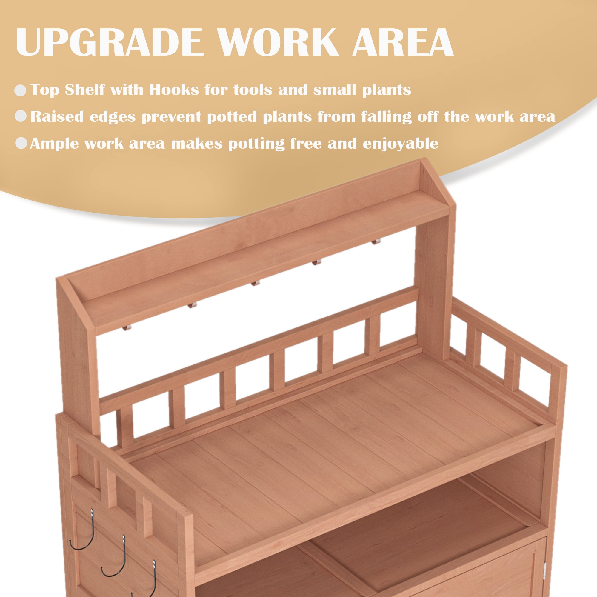 Leumius Potting Bench Outdoor Gardening Table for Outside Wood Garden Planting Workstation Work Benches with Large Storage Cabinet & Top Shelf for Patio Balcony