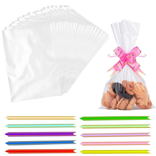 Paquete de bolsas de celofán de 100 (6 x 10 pulgadas), bolsas de galletas con lazos coloridos, bolsas de regalo transparentes para almacenamiento de alimentos