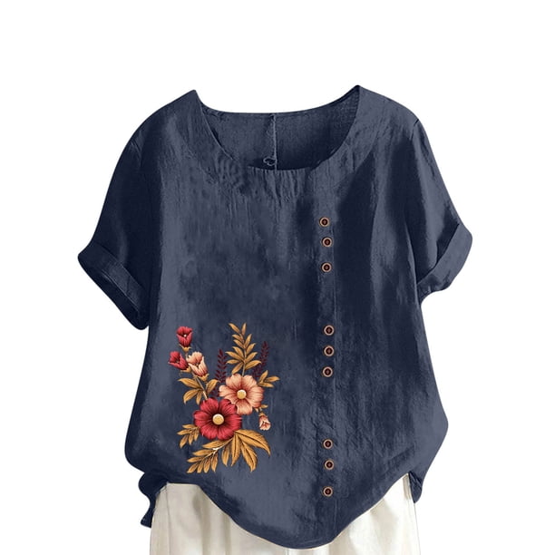 Camisetas de Manga Corta para las Mujeres Impreso Botón de Manga Corta Camiseta Blusa Poliéster, Ropa Casual Mirar Superior para las Mujeres