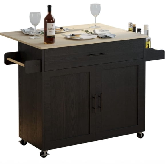 IRONCK Rolling Kitchen Island Table on Wheels with Drop Leaf, Storage Cabinet, Drawer, Spice/Towel Rack, Kitchen Cart, 47.25" Wide Black