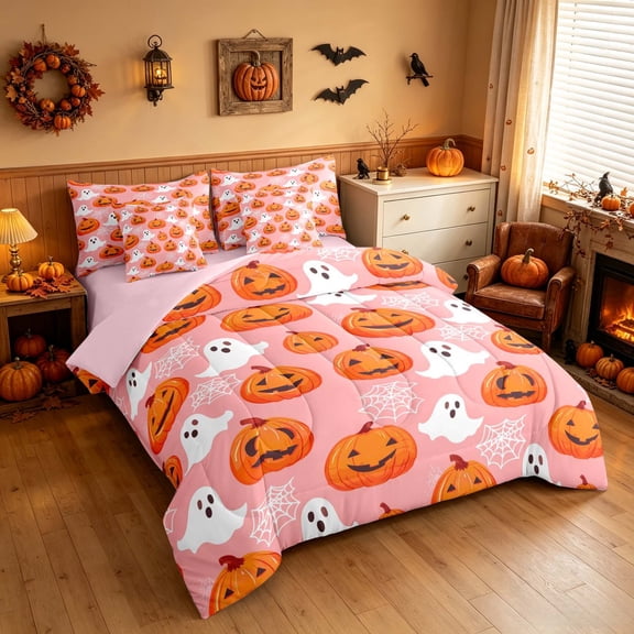 Homewish Halloween Pumpkin Twin Bedding for Girls, Ghost Web Bedding Comforter Set, Pink Orange White, Pink Reversible 7-Piece