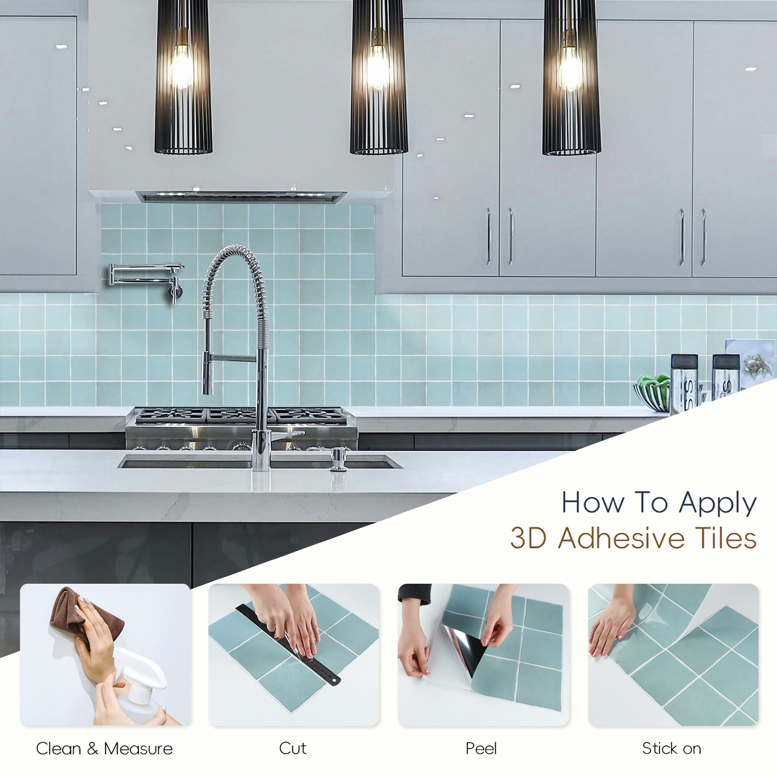 10 Sheets Square Peel and Stick Backsplash - 12”x12” Self Adhesive Wall Tiles for Kitchen Bathroom (Light Blue)
