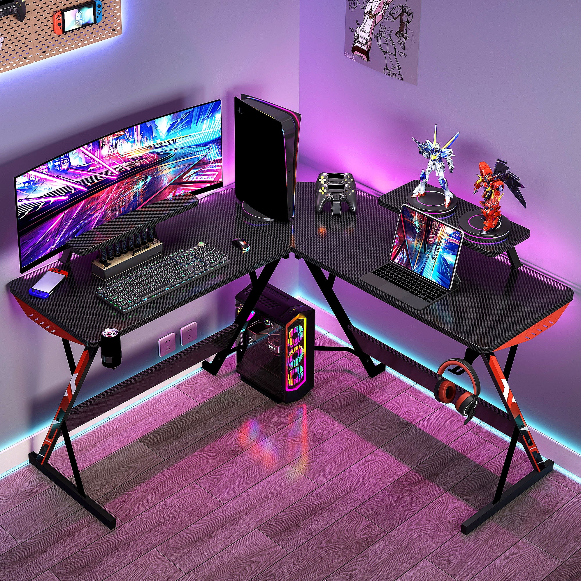 51" L Shaped Gaming Desk, Real Carbon Fiber Coated, Gaming Desk Table with Large Monitor Riser