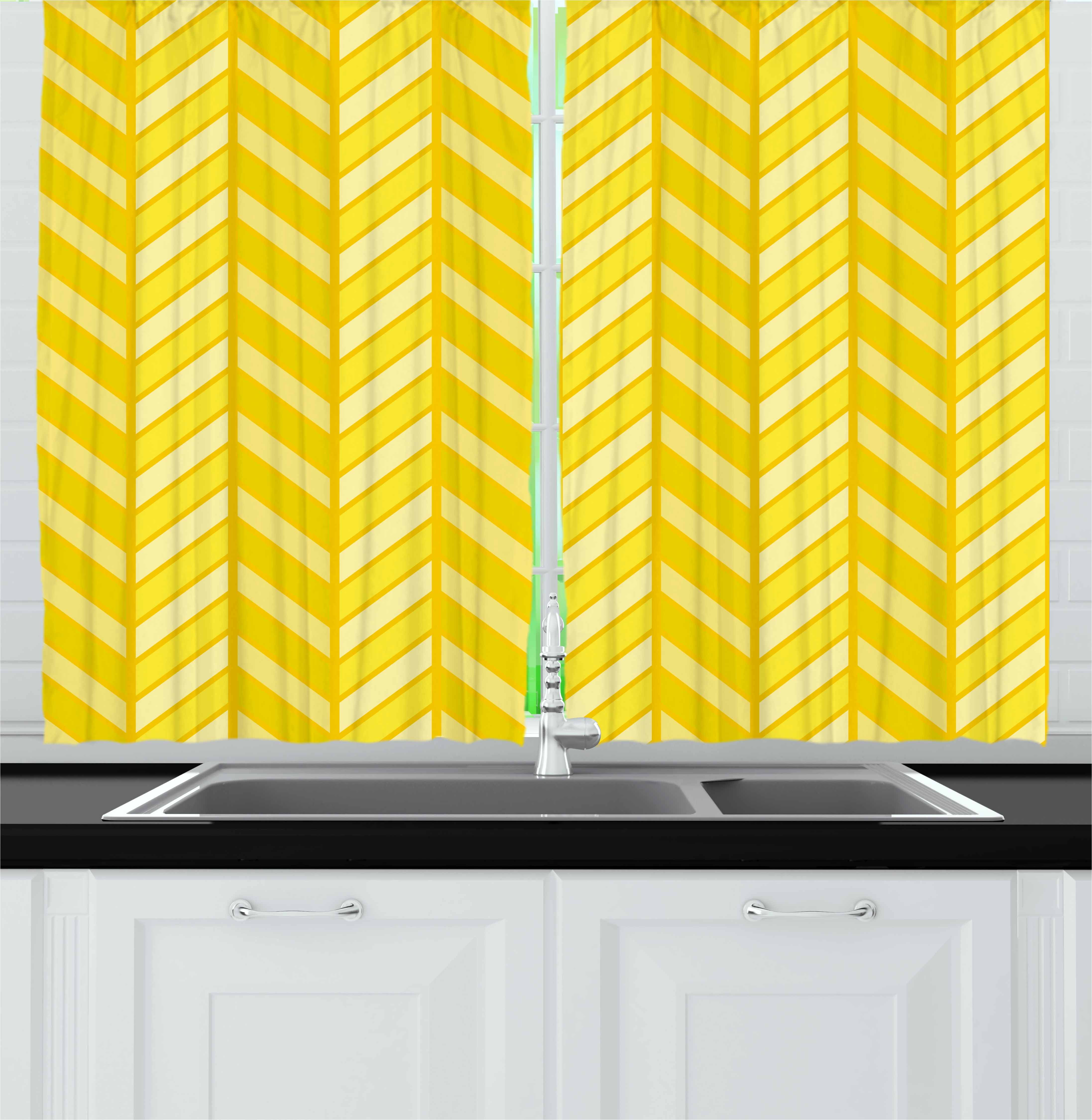 Yellow Chevron Curtains 2 Panels Set, Vertical Retro Chevron Motif in