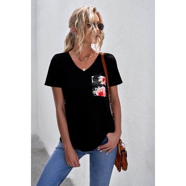ABPHQTO Camiseta con bolsillo de jersey con estampado floral informal para mujer de color negro para mujer
